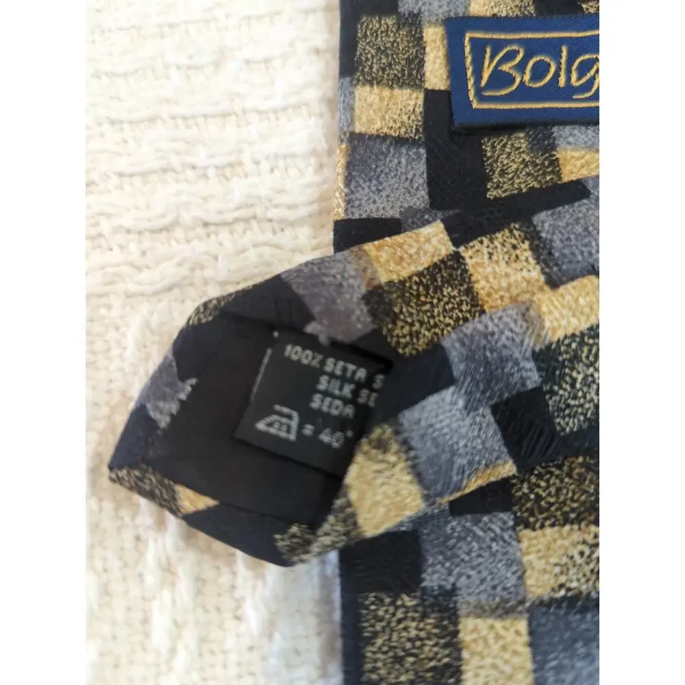 BOLGHERI Woven Geo Design of Dark Blue, Gray, Gold 100% Silk Tie 57